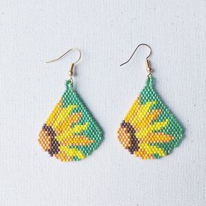 Handmade Yellow & Turquoise Sunflower Glass Beaded Earrings